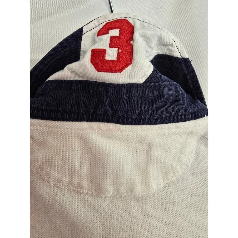 Vintage Polo Ralph Lauren Mens Rugby Shirt White Navy Trim Big Pony Logo Size LT